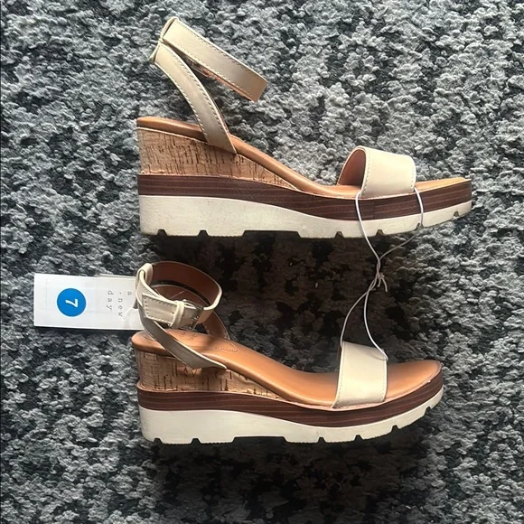 Cream and Brown Wedge Sandals with Cork Heel - Picture 1 of 10